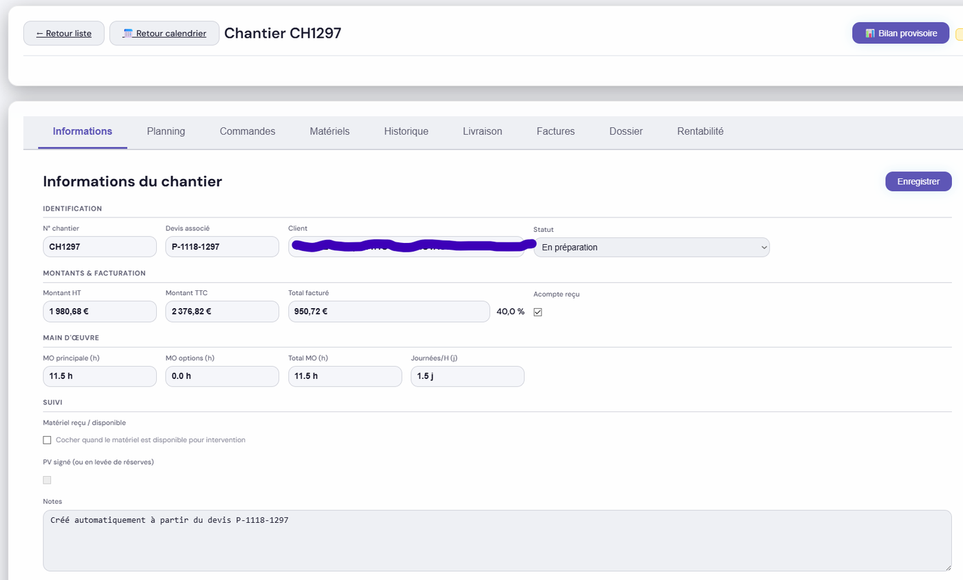 Une fiche de chantier et ses onglets