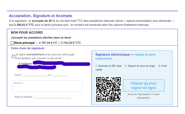 La page de signature, vue depuis un téléphone